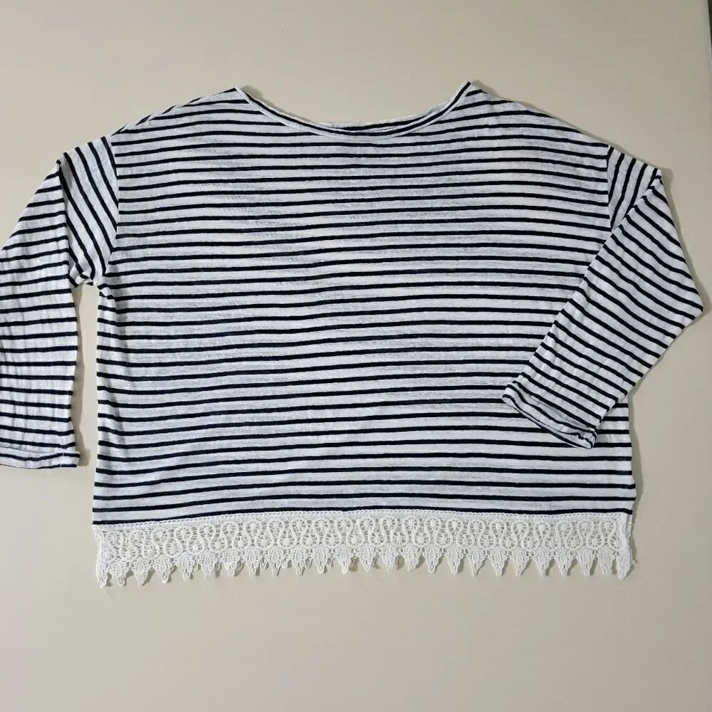 Olivia Sky Women's Navy & Lace Stripe Linen Top